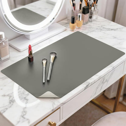LovePads Makeup Mat for Vanity, 14 x 24 Dual-Sided Desk Pad & Vanity Cover Top, Waterproof PVC Protector Mat for Dresser, Nail Art, Craft Table (Dark Grey+Grey)