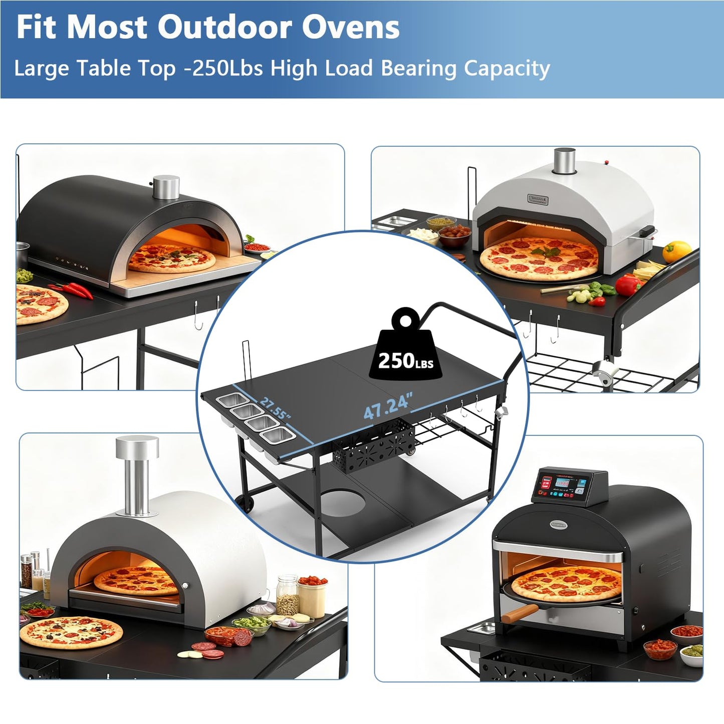 47" Outdoor Pizza Oven Table with Wheels, Pizza Oven Cart for Outside with Propane Tank Holder, Heavy Duty Pizza Oven Stand Prep Table for BBQ Patio Backyard Cooking