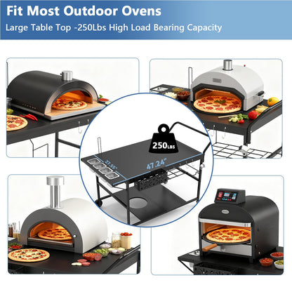 47" Outdoor Pizza Oven Table with Wheels, Pizza Oven Cart for Outside with Propane Tank Holder, Heavy Duty Pizza Oven Stand Prep Table for BBQ Patio Backyard Cooking