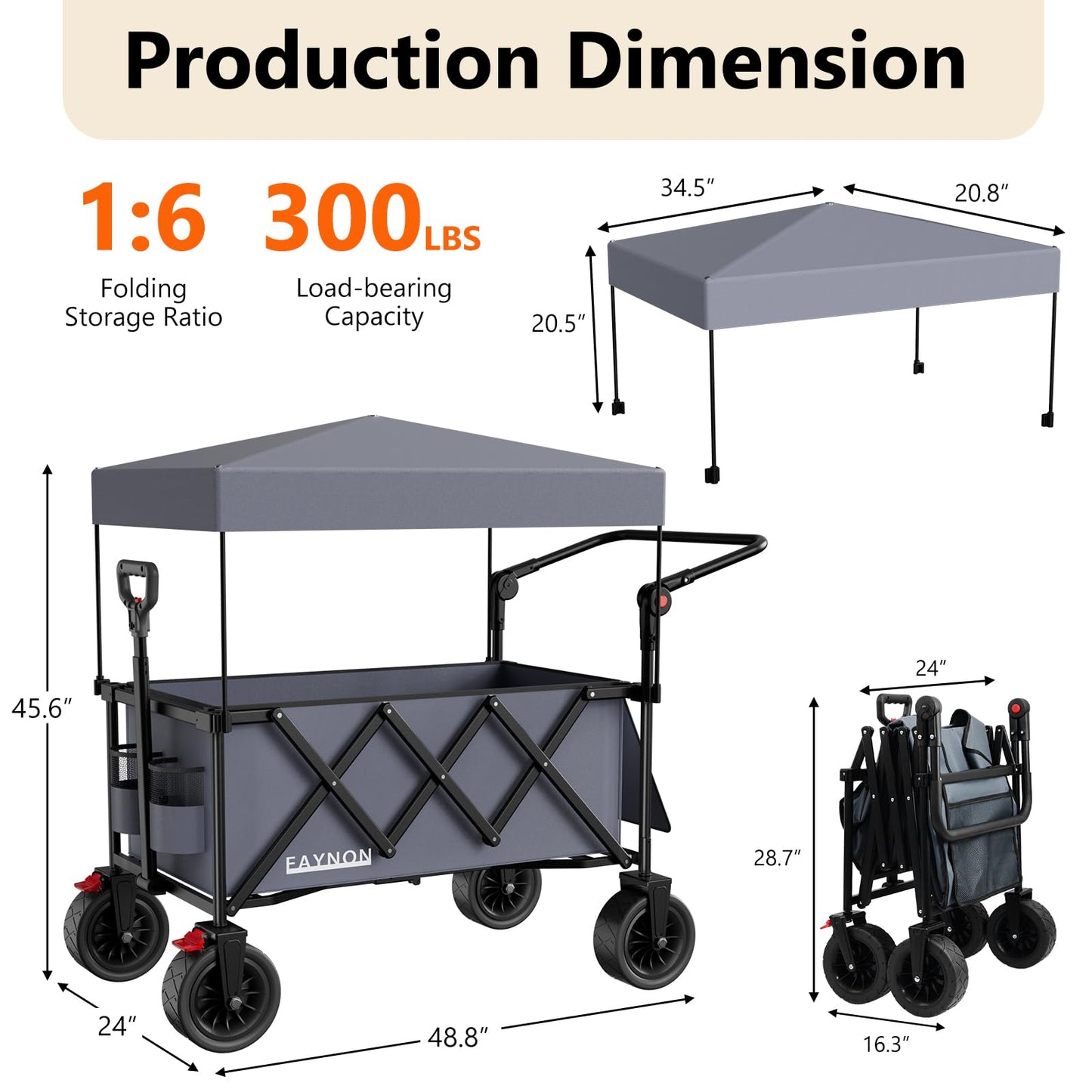 3 in 1 Collapsible Wagon with 300lbs Weight Capacity,150L Heavy Duty Utility Cart with Removable Canopy,with Big All-Terrain Beach Wheels & Drink Holders,Gray