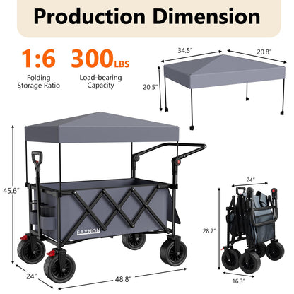 3 in 1 Collapsible Wagon with 300lbs Weight Capacity,150L Heavy Duty Utility Cart with Removable Canopy,with Big All-Terrain Beach Wheels & Drink Holders,Gray