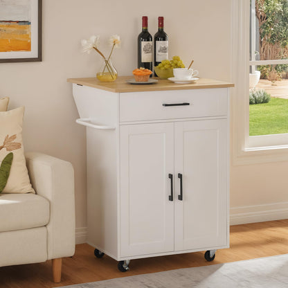 MAHANCRIS Kitchen Island on Wheels with Drop Leaf, Folding Countertop Kitchen Island Cart, Kitchen Island Table with Towel Rack, Drawer, for Kitchen, Dining Room, White and Natural KINW12501