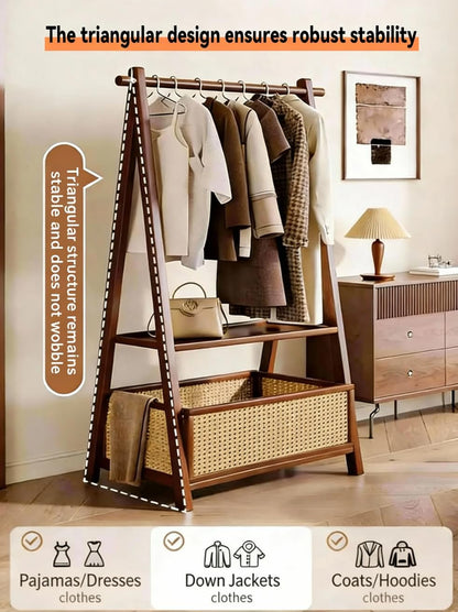 TEDIDUWA 61" Heavy Duty Rolling Clothes Rack, 110 lbs Capacity Solid Bamboo Garment Rack with Double Layer Shelf, Portable Wardrobe & Wood Coat Rack for Bedroom, Laundry, Closet (Walnut)