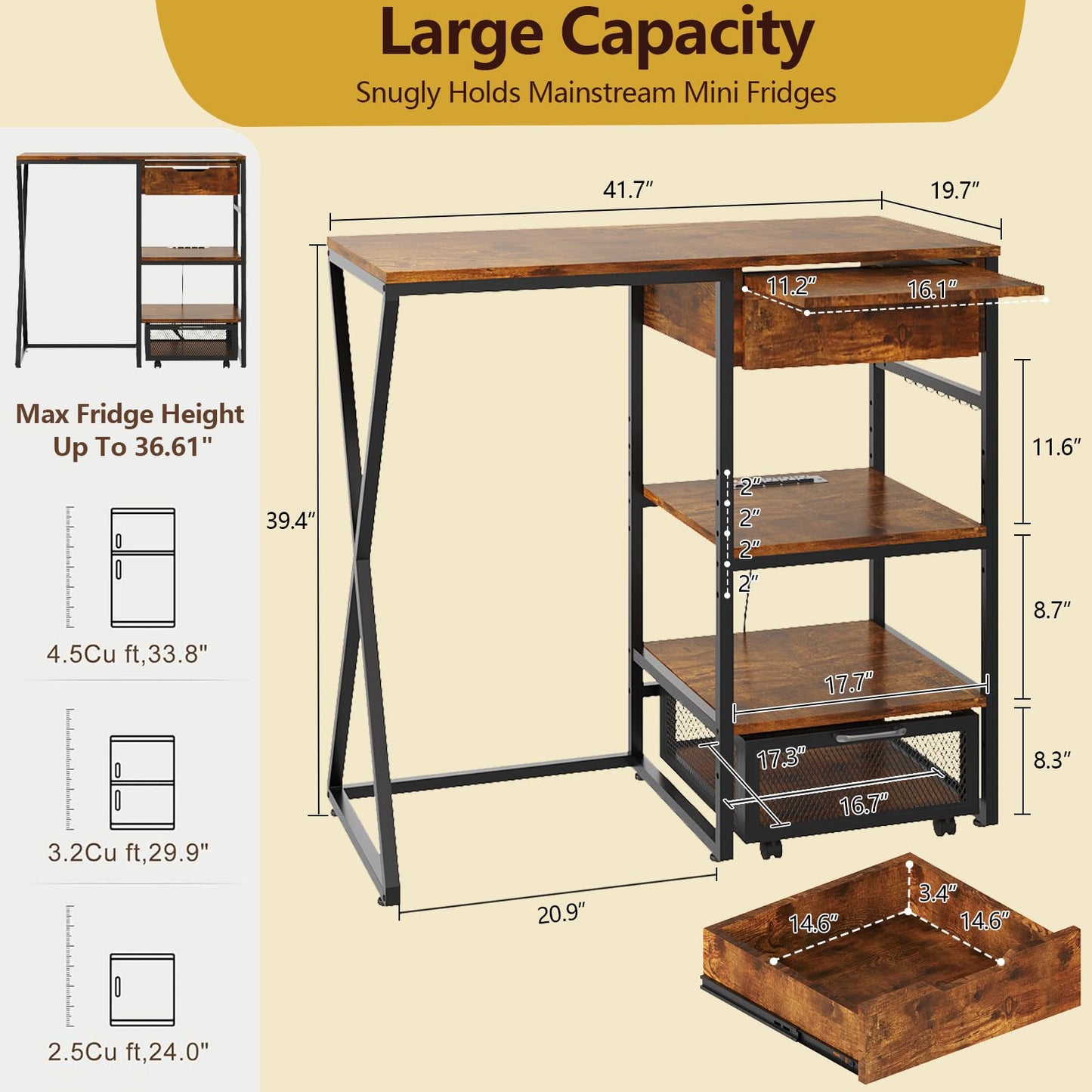 41.7in Mini Fridge Stand with Storage Shelf, 3-Tier Microwave Stand & Coffee Bar Organizer with Power Outlet, Basket, Pull-out Work Platform, 160LBS Sturdy Mini Fridge Shelf for Dorm, Apartment
