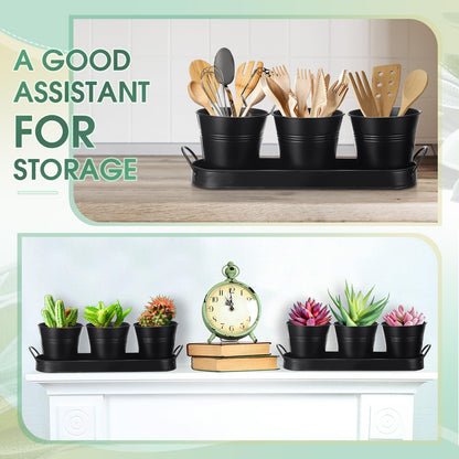 Hicarer 2 Sets Herb Planter with Tray Metal Herb Garden Planter with Drainage Farmhouse Windowsill Pots for Indoor Plants Flower Succulent Outdoor Kitchen Apartment Balcony Window (Black)