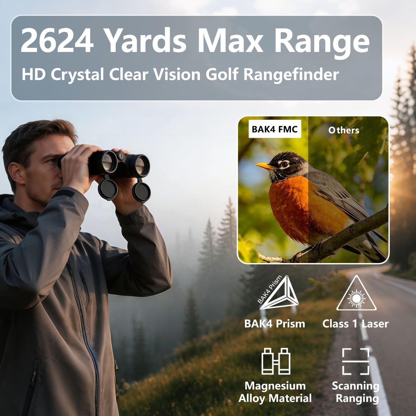 BOSHIWEI ED Glass 10x42 Laser Rangefinder Binoculars HD Optics 2624 Yards Long Distance IP67 Waterproof Range Finder for Golf Bird Watching Black