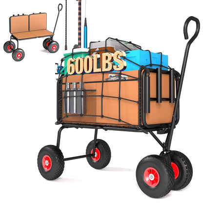 3 in 1 Beach Fishing Cart, Heavy Duty Garden Carts w/All Terrain Inflatable Tires, Folding Wagon Cart, Convert to Chair or Bench with Cushion, Rod Holders and Durable Oxford Bag