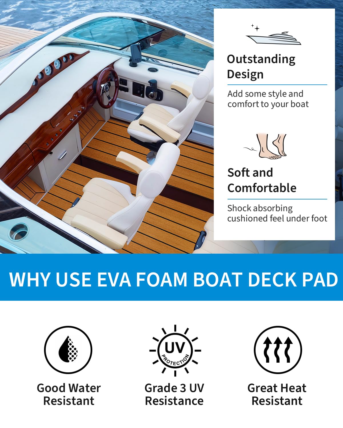 OCEANBROAD Boat Flooring EVA Foam Self-Adhesive 96''x45.6'' Faux Teak Marine Boat Decking Sheet for Jon Boats Yacht Floor, Brown with Black Seam Lines