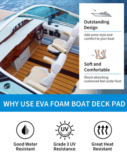 OCEANBROAD Boat Flooring EVA Foam Self-Adhesive 96''x45.6'' Faux Teak Marine Boat Decking Sheet for Jon Boats Yacht Floor, Brown with Black Seam Lines