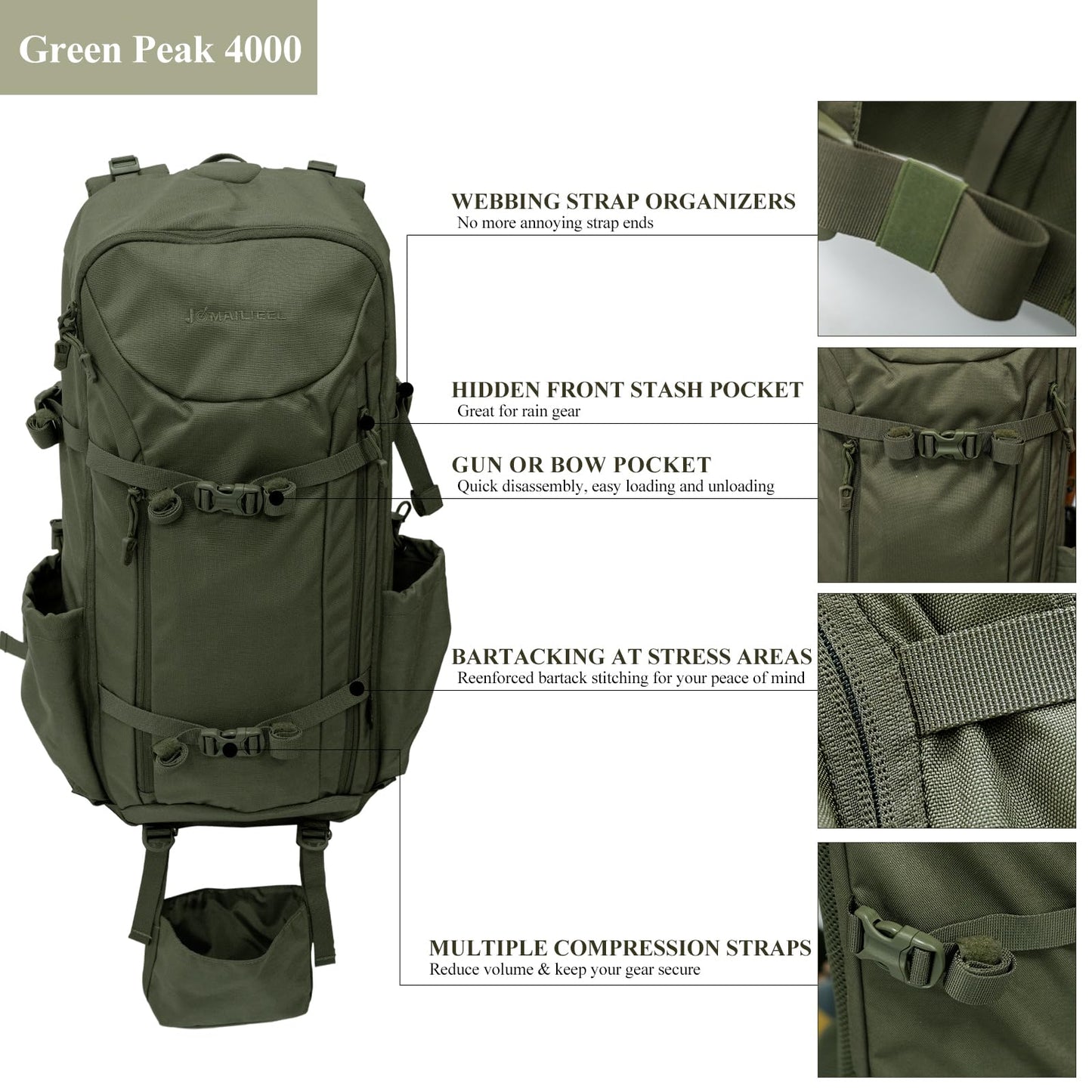 JOMAILIEEL Hunting Backpack for Men, 40L Waterproof Silent Pack with Rifle Holder and Bow Carry System, Rain Cover, Durable UTX Buckles and YKK Zippers