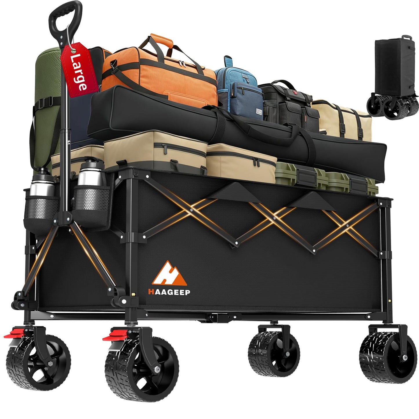 Collapsible Wagon Cart with Wheels Foldable - Folding Utility Heavy Duty Wagons Carts for Grocery Sports Garden Shopping Camping Wheelbarrows (Black, 220L)