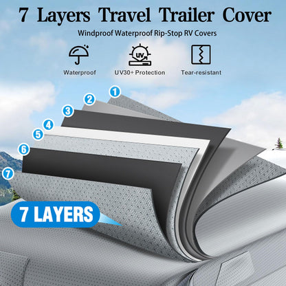 8 Layers Travel Trailer Cover Windproof Waterproof Rip-Stop RV Covers with Adhesive Repair Patches, 2Pcs Extra Straps & 4 Tire Covers (Fit 24-27FT)