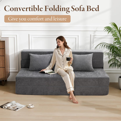 HOMFINE Folding Sofa Bed - Convertible Sleeper Chair with Pillow, Fold Out Couch, Memory Foam Floor Mattress, Futon Couch, Lazy Sofa for Living Room/Dorm/Guest Room/Home Office, Queen, Grey