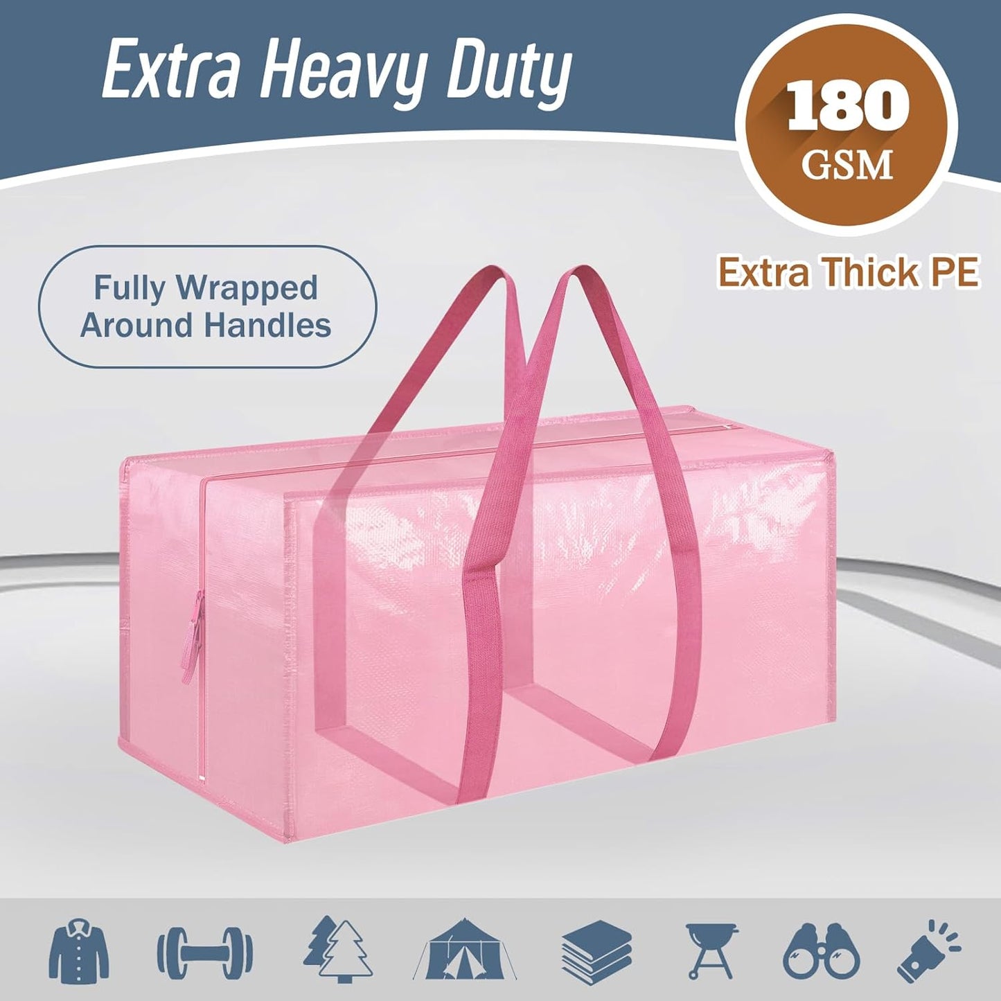 Skiennix Extra Heavy Duty Moving Bags - 12 Pack with Strong Zipper & Comfortable Handles | Durable Pink Storage Totes
