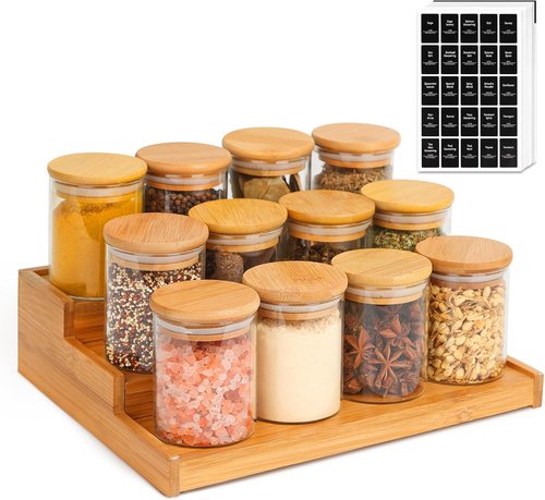 ComSaf Bamboo Spice Rack - 3-Tier Organizer with 12 Glass Jars & Labels for Kitchen Pantry