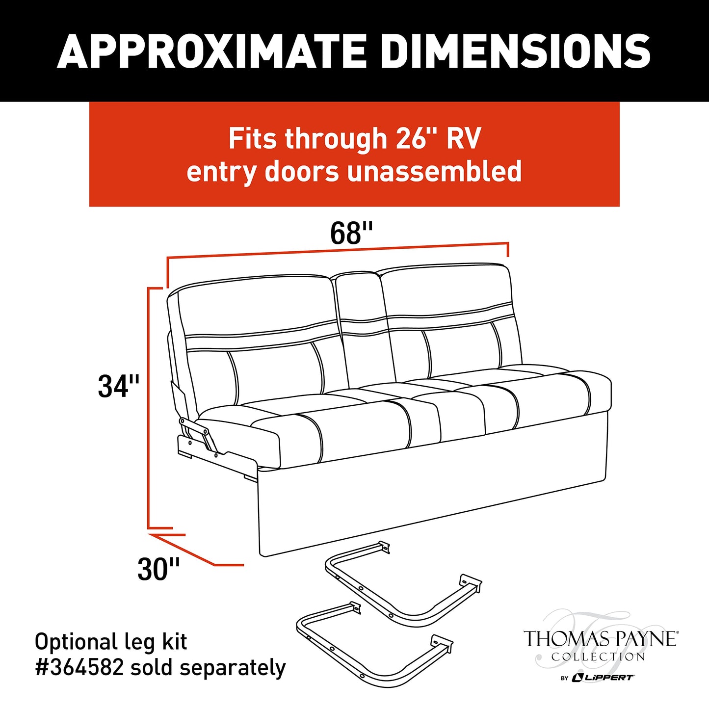 Thomas Payne RV Jackknife Sofa, 68", Transitions to Bed, Fold-Down Center, Cupholders, PolyHyde Fabric, High-Density Foam, Included Kickboard, Grummond - 2020129838