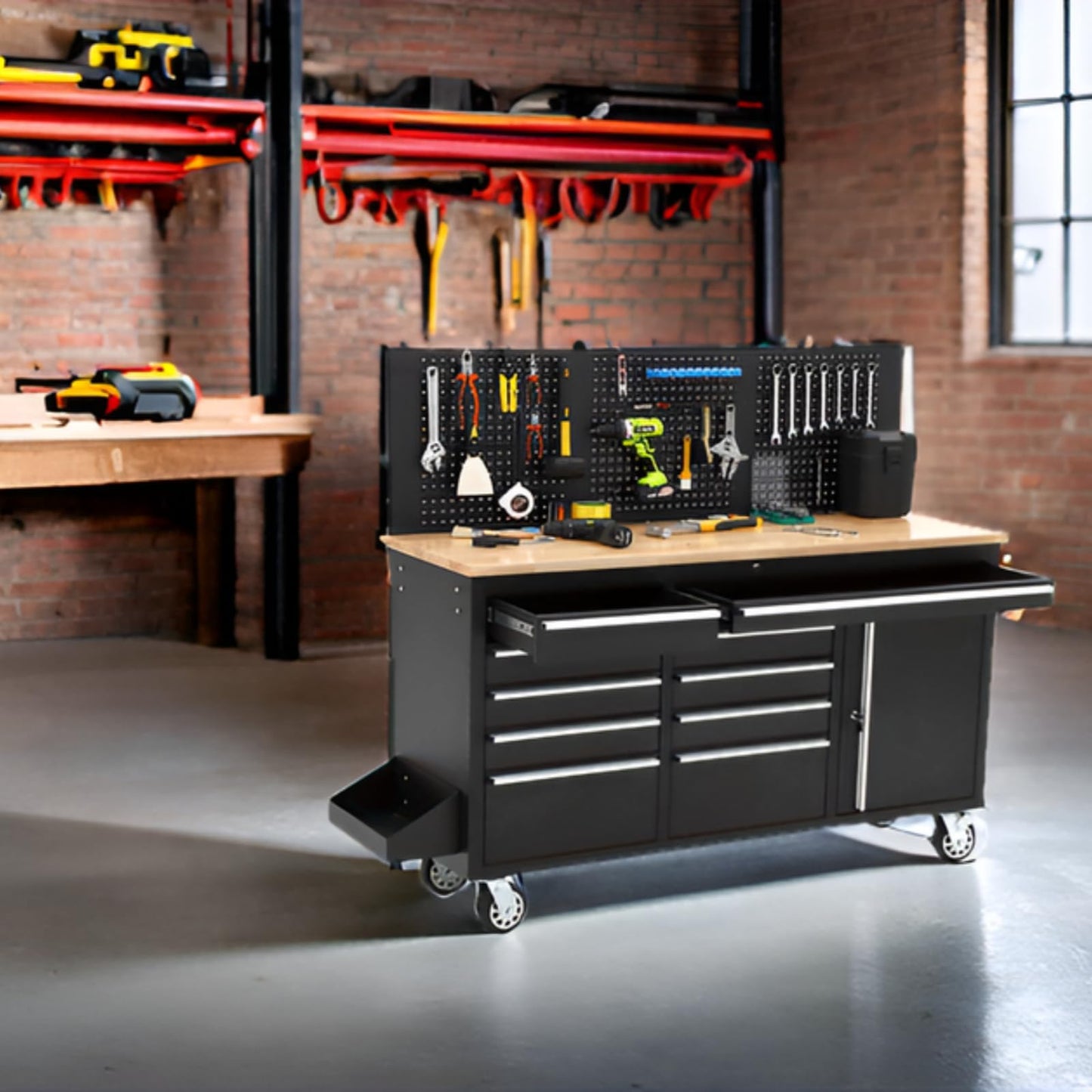 61-Inch Heavy Duty Rolling Tool Chest with 10 Drawers and Solid Rubber Wood Top Mobile Workstation, 1675 LBS Load, Includes Power Strip, Locking System, Drawer Liners for Garage Warehouse Repair Shop