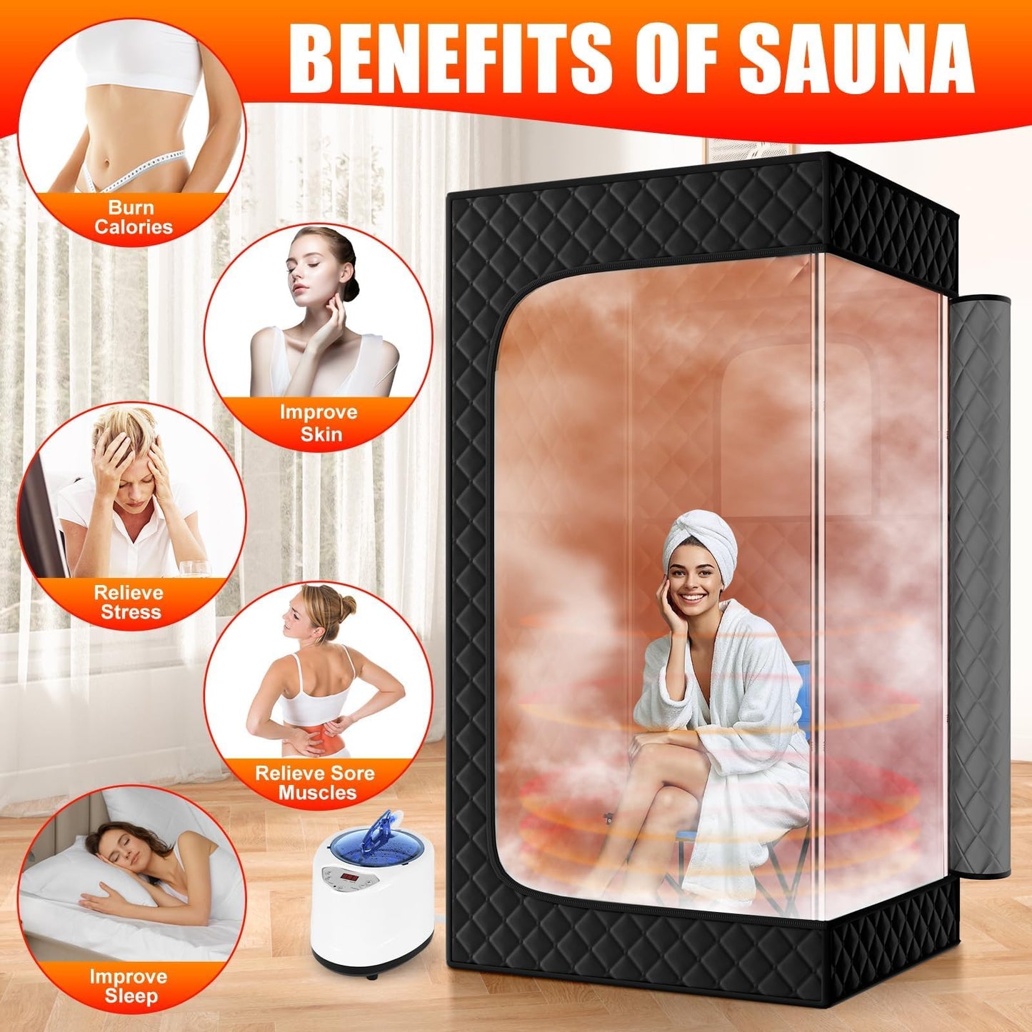 X-Vcak Portable Steam Sauna Tent for Home, Steam Sauna for Home with Steamer, 9 Temp Levels & 99 Min Timer, 5-Layer Waterproof Insulated, Folding Chair