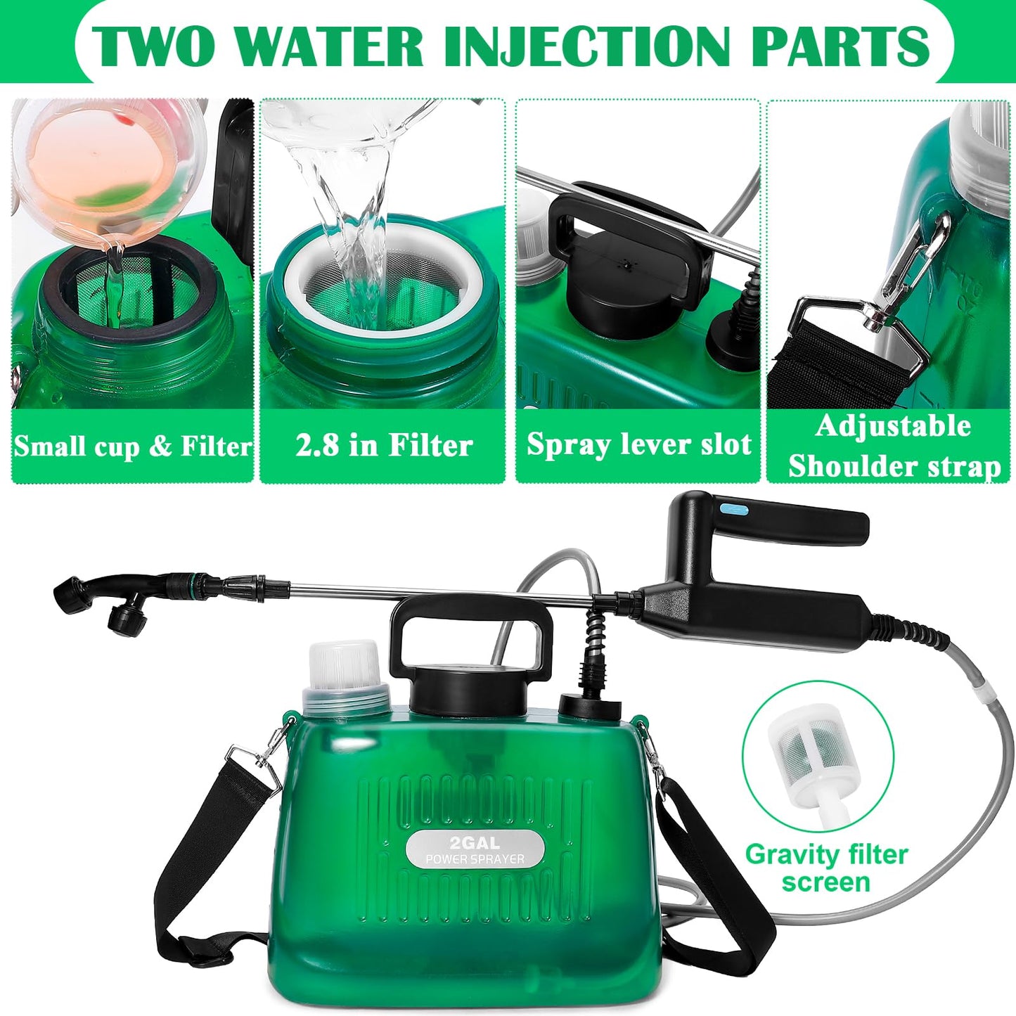 WYRJXYB Battery Powered Sprayer 2 Gallon, Upgrade Electric Garden Sprayer with 4 Mist Nozzles,USB Rechargeable Handle,31in Telescopic Wand,1 Glove,Portable Garden Sprayer for Yard Lawn Garden Watering