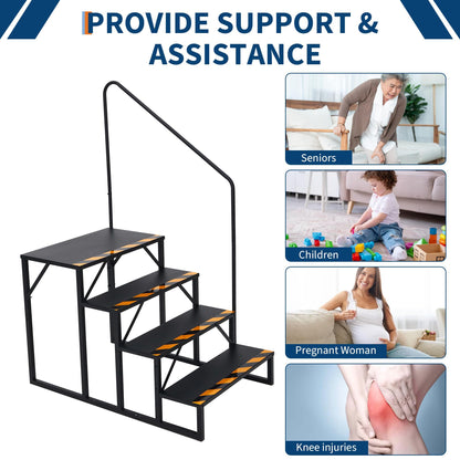 Garvee 4 Step RV Stairs with Handrail & Non-Skid Tapes, Portable Outdoor Step Ladder for 5th Wheel Trailers, Travel Campers, Mobile Homes, Hot Tubs, Porches