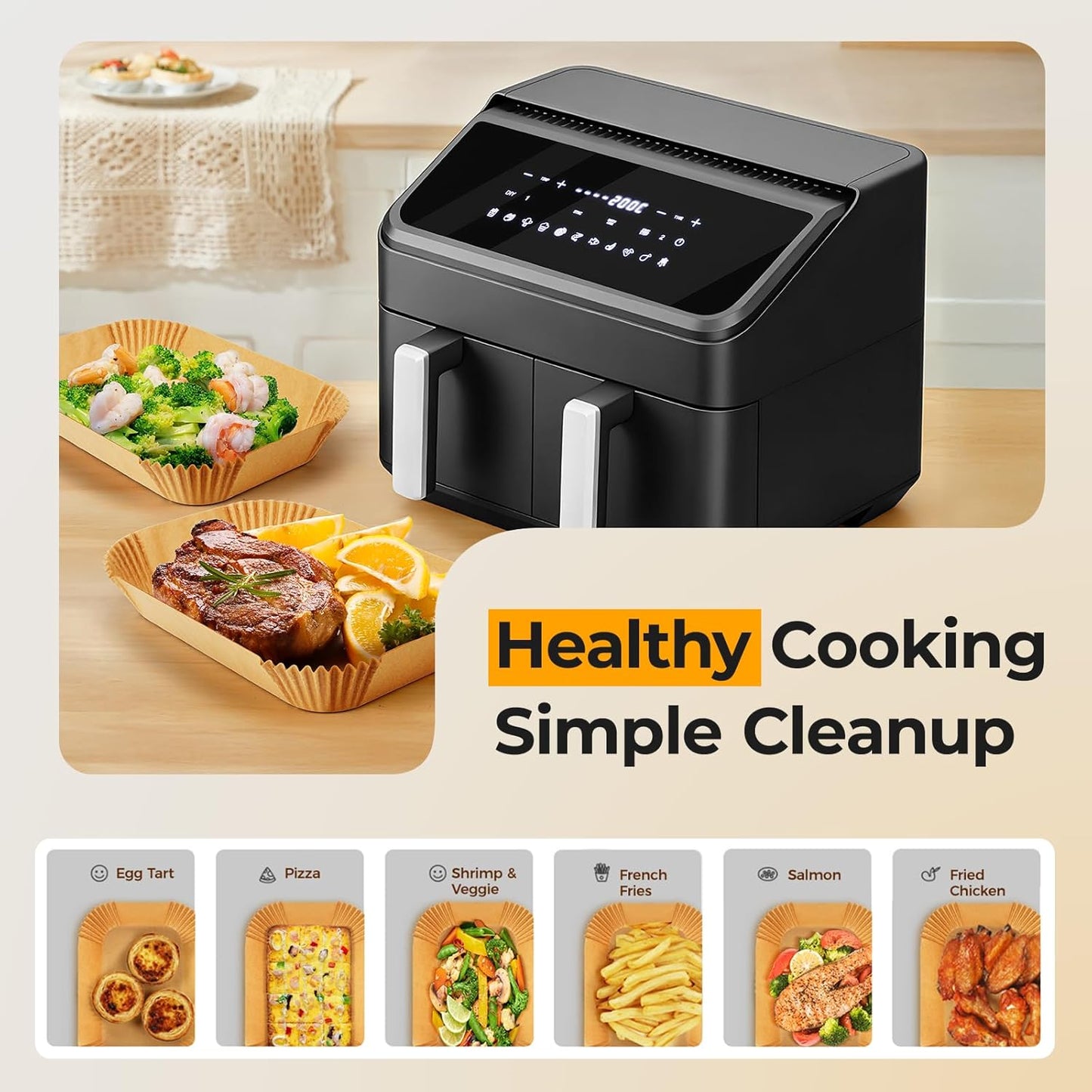Vailnd Air Fryer Liners - Disposable Parchment Paper for Dual Baskets | 200 Pcs, Oil Proof (8.6x5.5 Inch)