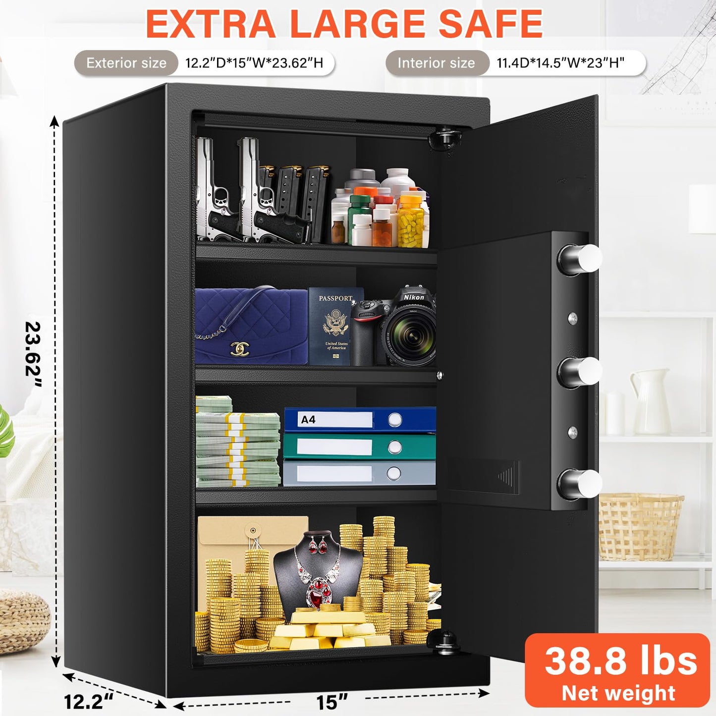 Mitlvge 23.62'' Tall Extra Large Safe Box, 5.0 Cu Ft Home Safes with Fireproof Waterproof Bag, Digital Keypad and 3 Removable Shelf, Security Box with Smart Alert for Money Medicines Jewelry Valuables