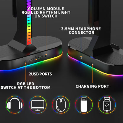 ALACOO RGB Headphone Stand - Dual Gaming Headset Holder with 3 USB Charging Station and 3.5mm Audio Port,8 Light Modes, Suitable for Gaming, Wireless Earphone Display, Gamer Gifts for Men (Black)