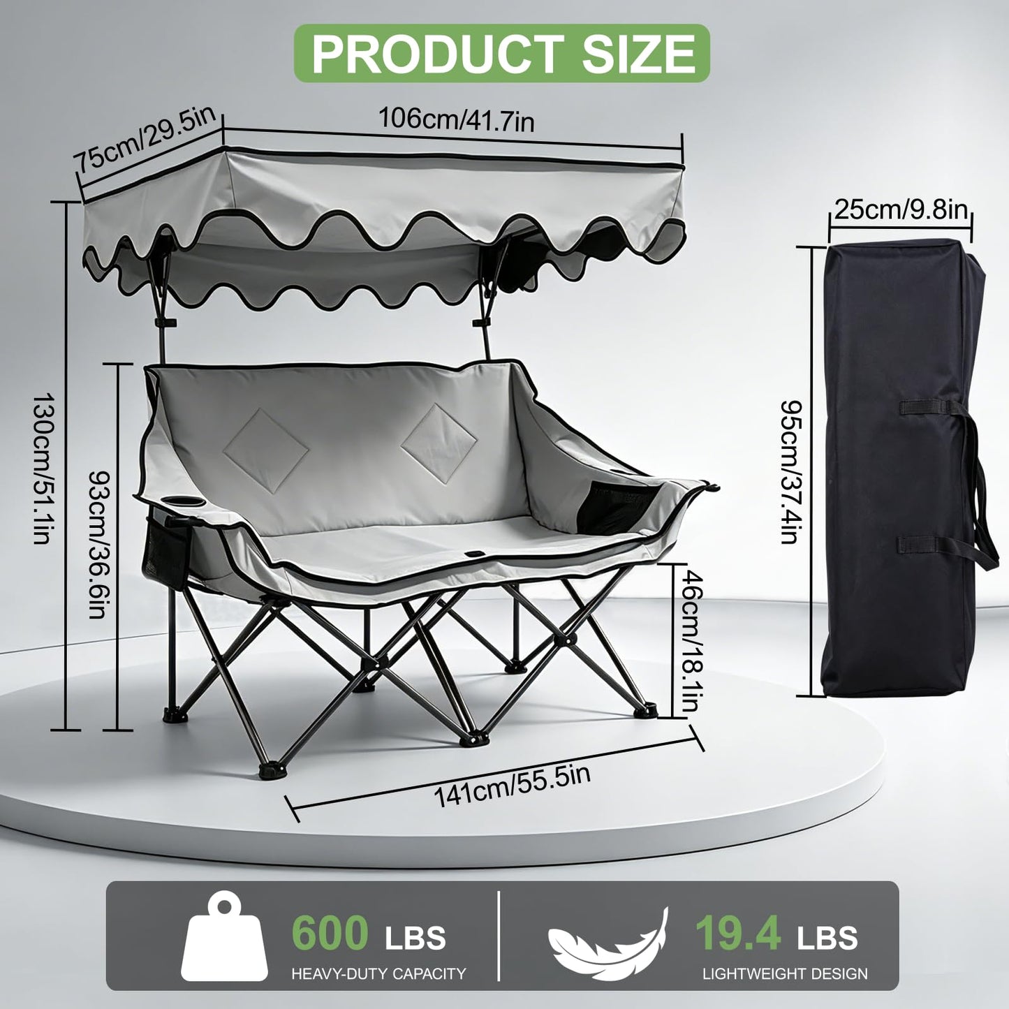 Double Camping Chair with Canopy Shade, Portable Beach Chair with 2 Cup Holders and Bags, Folding Heavy Duty Oversized Double Chairs with Side and Back Pockets, Outdoor Loveseat Chairs for Patio, Lawn