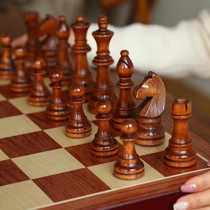 20 Extra Large Solid Walnut Wooden Chess Set with 2 Extra Queen Pieces - King Height 4.25''