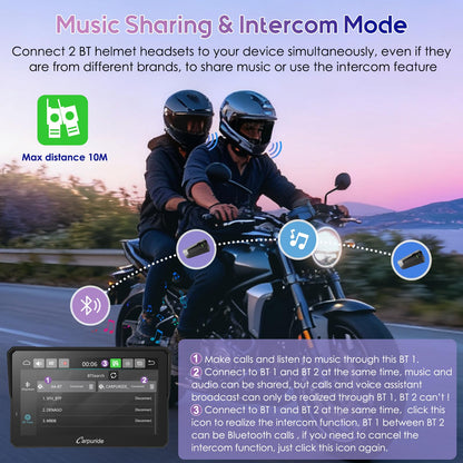 Carpuride W702T PRO 7" Waterproof GPS Navigation Screen for Motorcycle with CarPlay & Android Auto & TPMS & Dual Bluetooth, Music Sharing, Intercom, EQ, Light Sensor, Compass, Barometer