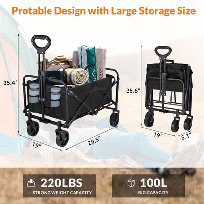 Collapsible Foldable Wagon Cart,Utility Beach Cart with Drink Holders Large Capacity Protable Grocery Wagon for Garden Shopping Outdoor Camping (Black, 250lbs)