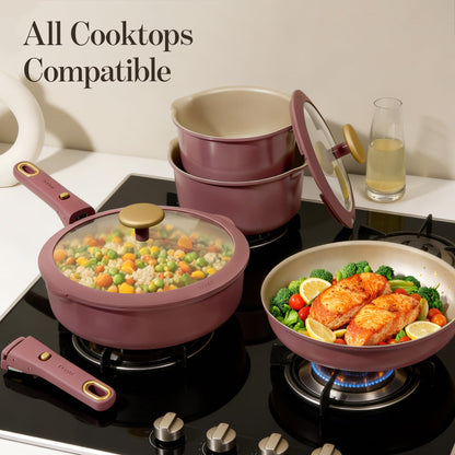 CAROTE 26 Pcs Pots and Pans Set, Nonstick Cookware Sets with Detachable Handle, Titanium Reinforced, Oven Safe, Cookware Non Stick Cooking Set w/Frying Pans & Saucepans Red(PFOS, PFOA Free)