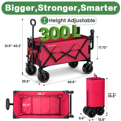 BEAU JARDIN Folding Push & Pull Beach Wagon 500 lbs Collapsible Foldable Wagons with Push Handle All Terrain Wheels Grocery Utility Camping Skiing Ice Fishing Sports Garden Wagon Cart Red