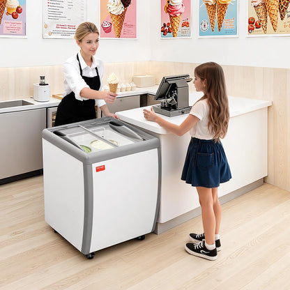VEVOR Commercial Ice Cream Display Case, 5.6 Cu.ft Chest Freezer, Restaurant Gelato Dipping Cabinet Top Deep Freezer with Locking Casters, Sliding Glass Door, LED Lighting, Hold 4 Ice Cream Tubs