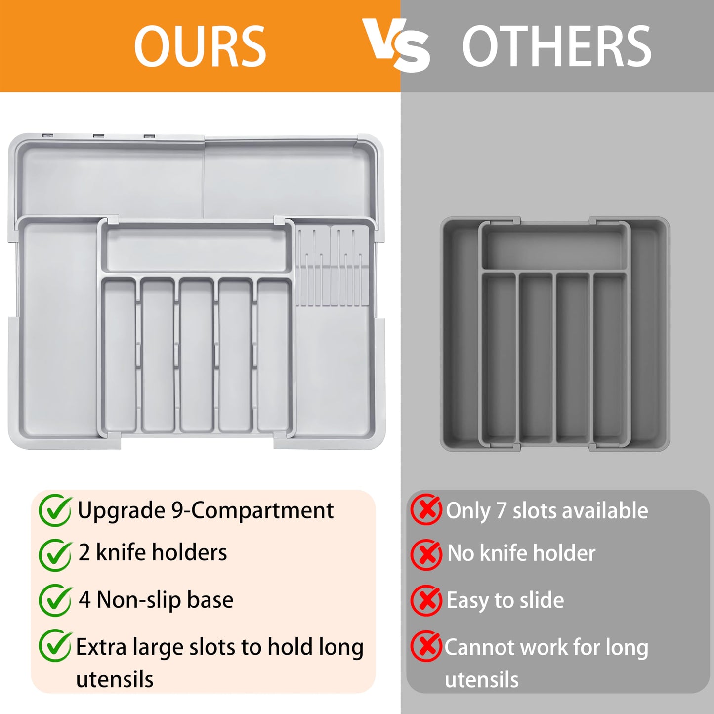 Homecor Silverware Organizer - Expandable Large Kitchen Drawer Organizer Utensil Organizer with 2 Removable Knife Blocks, 22"x 19"Cutlery Tray Drawer Dividers for Kitchen Flatware(6-9 Slots) (Black)