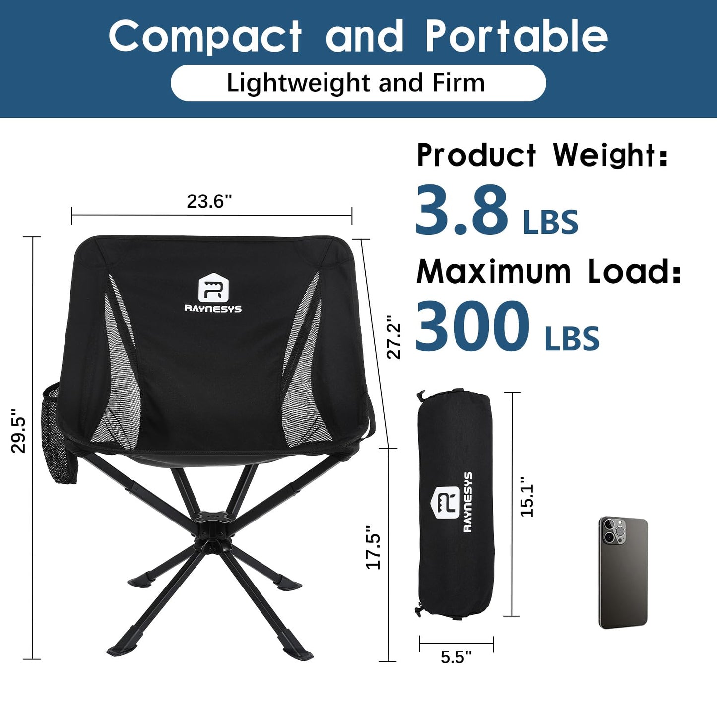 Raynesys Portable Camping Chair 2 Pack, 8 Seconds Quick Setup Folding Camping Chair, Flexible 360° Rotation, 3.8Lb Lightweight Travel Chairs for Easy Carry to Hiking, Sporting, Travel, Beach