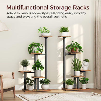 MAHANCRIS Plant Stands Indoor Set of 2, Metal Corner Plant Stand for Multiple Plants, 5 Tier Plant Shelves for Living Room, Home, Patio, Rustic Brown and Black PSHR0101S2