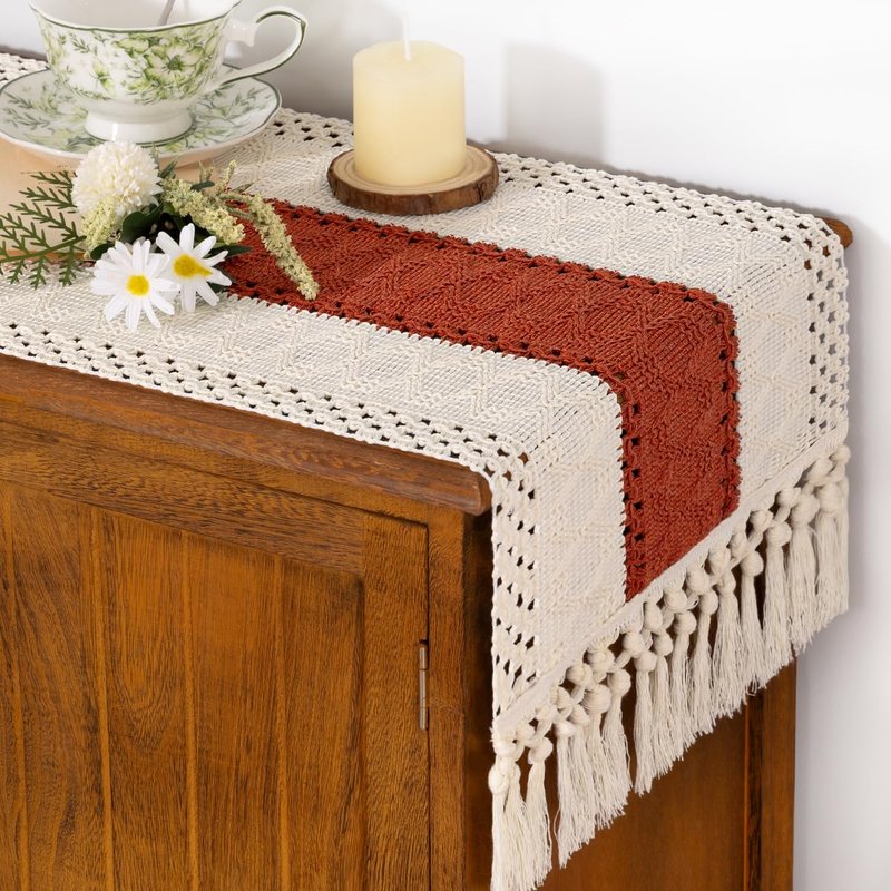 Socomi Boho Table Runner Summer Farmhouse Rustic Dining Kitchen Small Macrame Woven Cotton Linen Coffee Table Runner for Dresser Scarf Home Decor 12x60 inch Terracotta Ivory