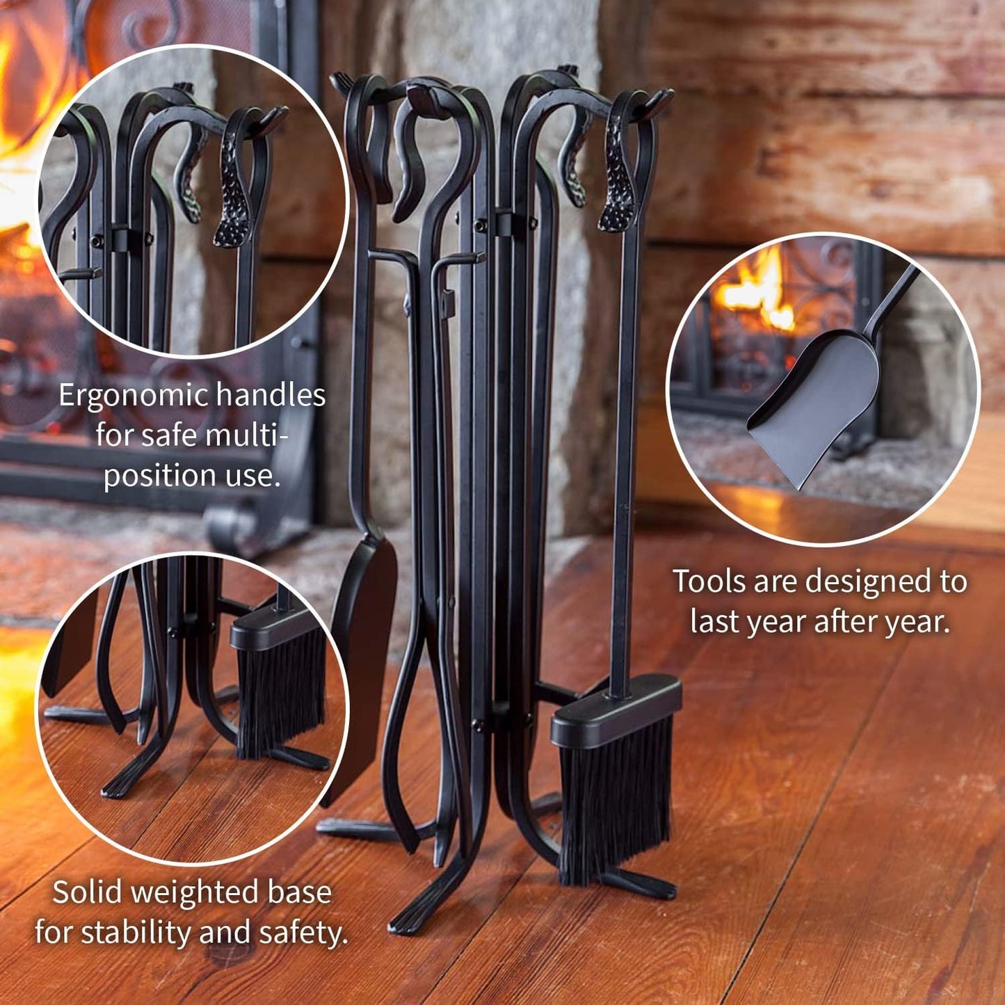 Plow & Hearth 5 Piece Hand Forged Iron Compact Fireplace Tool Set 20" | Black Wrought Iron Handle for Outdoor Indoor | Stand Poker Shovel Brush Log Tongs Wood Stove Accessory