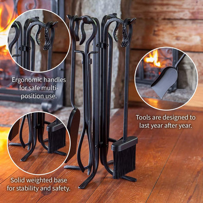 Plow & Hearth 5 Piece Hand Forged Iron Compact Fireplace Tool Set 20" | Black Wrought Iron Handle for Outdoor Indoor | Stand Poker Shovel Brush Log Tongs Wood Stove Accessory