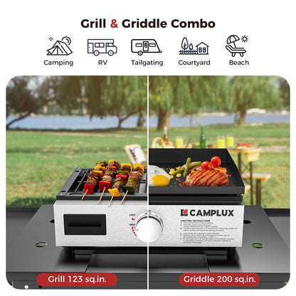CAMPLUX Portable Propane Grill & Pizza Oven Combo, 11,000 BTU Tabletop Gas Griddle with 17" Pizza Oven Kit and Cordierite Stone, Compact Outdoor Mini Oven for Crispy Pizza, Camping, RV & Tailgating