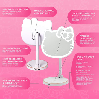 Impressions Vanity Hello Kitty Tabletop Mount LED Cordless Makeup Mirror with 360 Degree Rotation, Touch Sensor Desk Mirror with Light Strip and Adjustable Brightness