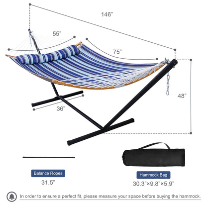 Mansion Home 12 Ft Hammock with Stand for Outside, 2 Person Hammock Freestanding with Curved Spreader Bars, Pillow and Portable Bag, Heavy Duty 450 Lbs, Blue Stripes