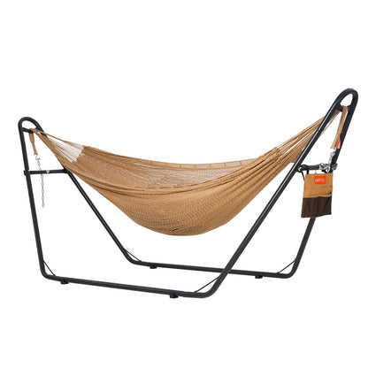 Lazy Daze Hammocks Handwoven Mayan Hammock with Heavy Duty Steel Stand, 10.5 FT Soft Rope Double Hammock for Patio Outside, 550 lbs Weight Capacity, Tan