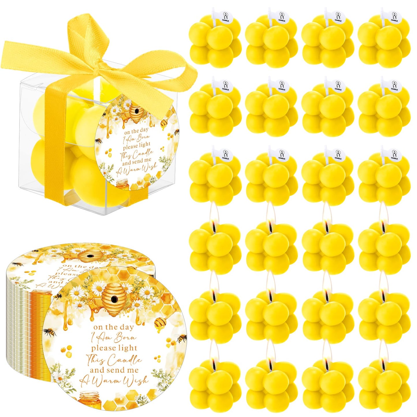 MTLEE 24 Sets Bee Baby Shower Favors Party Candle Small Bubble Candle Baby Shower Favors for Guests Tea Candles Bulk with Stylish Ribbons Cards Gifts (Yellow, Bee)