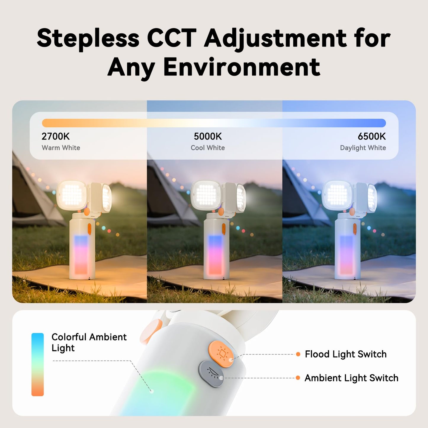 TEVOLE Camping Light Telescopic Collapsible 800 Lumens IP65 Waterproof with Product Image 4-in-1 Camping Light, Work Light, Video Flashlight 2000LM Rechargeable