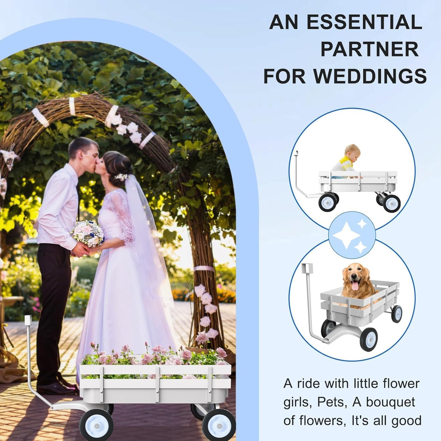 White All-Terrain Wagon, Wedding Flower Girls Wagon Cart with Handle, Utility Steel Cargo Wagons with Removable Wooden Side Panels (White, Small)