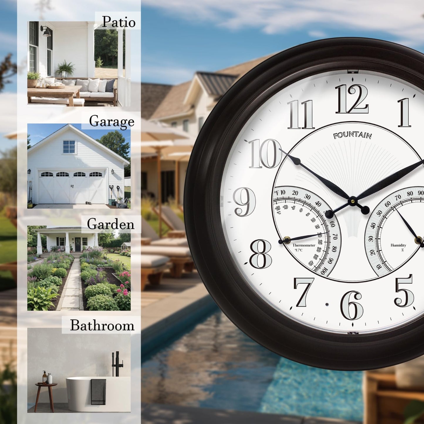 FOUNTAIN DESIGNS 24" Jameson in/Outdoor Lighted Clock, Self-Illuminated, Waterproof, 3 in 1 Weather Station (Thermometer & Hygrometer), Metal Clock, Oil Rubbed Bronze Finish(Night Light)