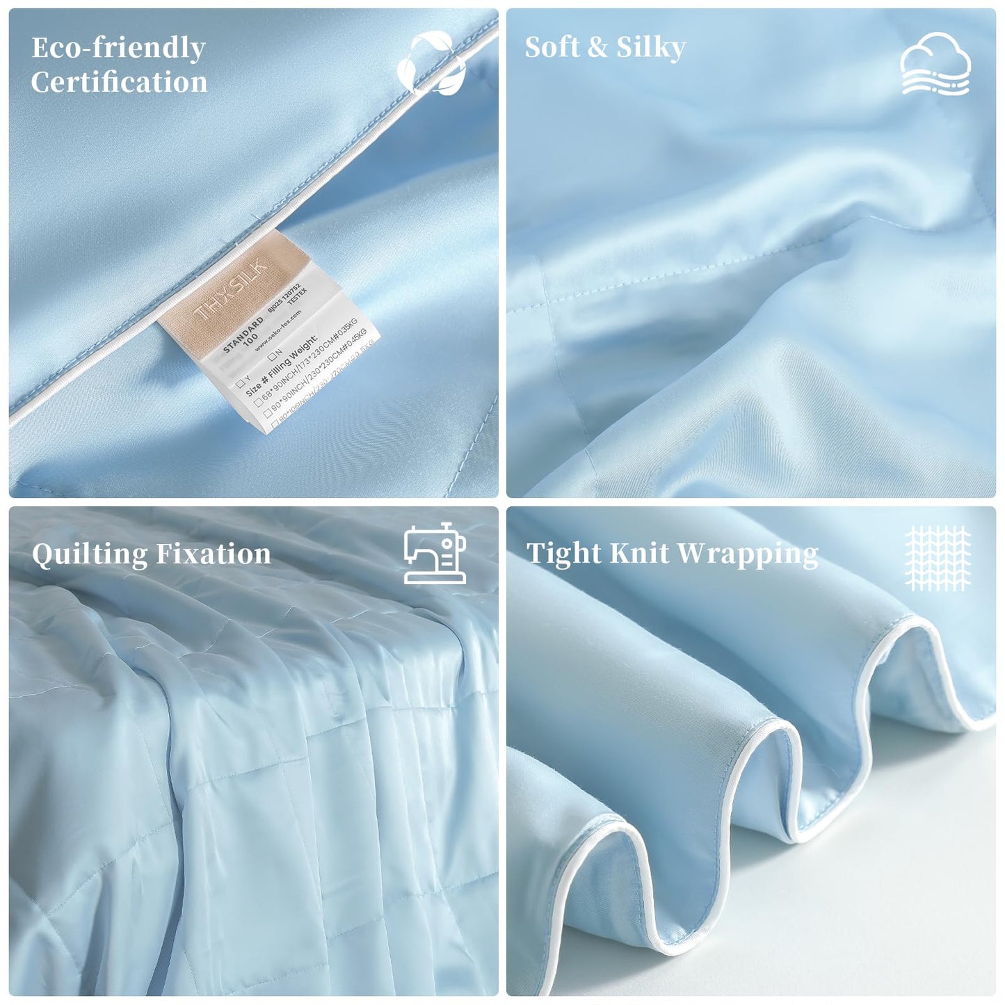 THXSILK All-Season Mulberry Silk Comforter & Blanket, 100% Pure Natural Silk Filling, Lightweight Soft Bed Cover for Bedroom, Sofa, Camping, Cozy Machine Washable Luxury Bedding(Queen 90"x90", Blue)