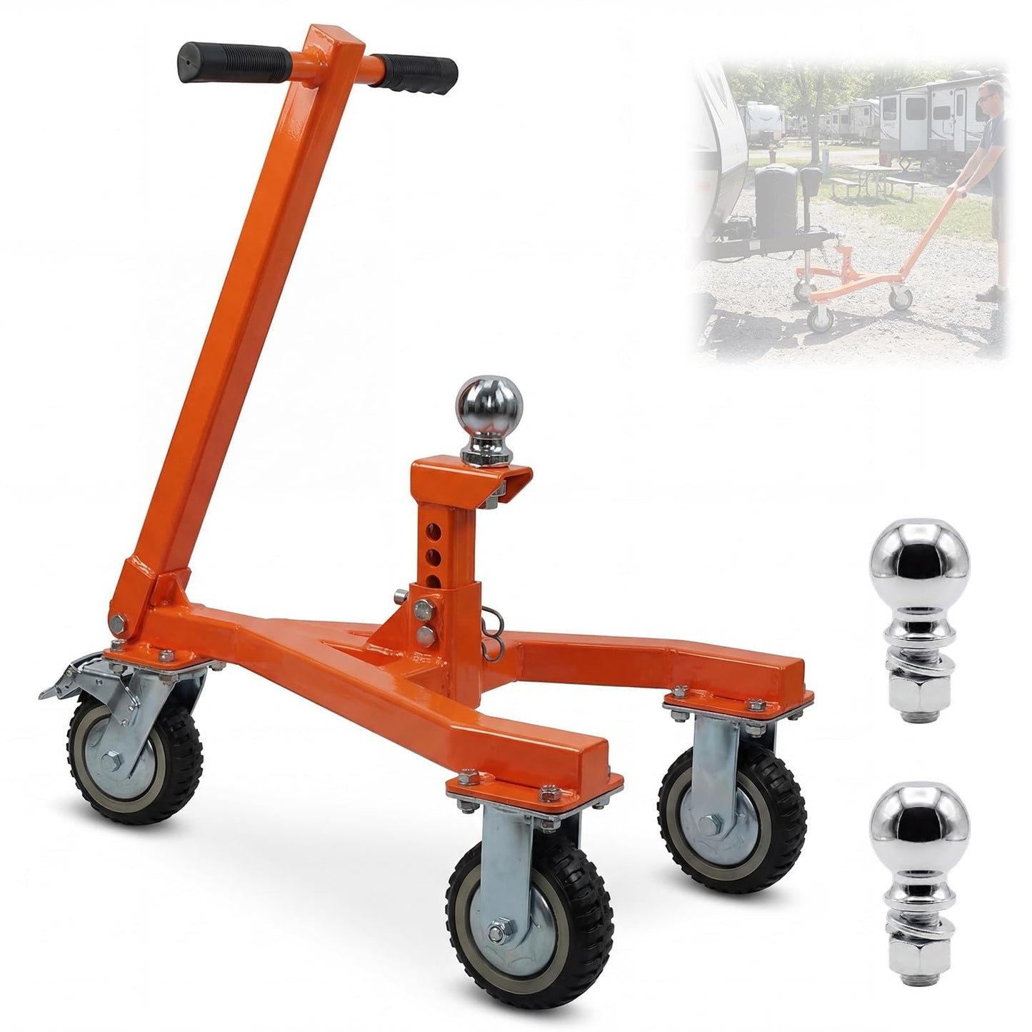 Trailer Mover Dolly with 2'' and 2-5/16'' Receiving Tongues, Load Capacity 3500 Lbs Trailer Tug with Three Wheels, Adjustable Tongue Height for RV Boat Motorcycle, Moving Trailers, Campers, Orange